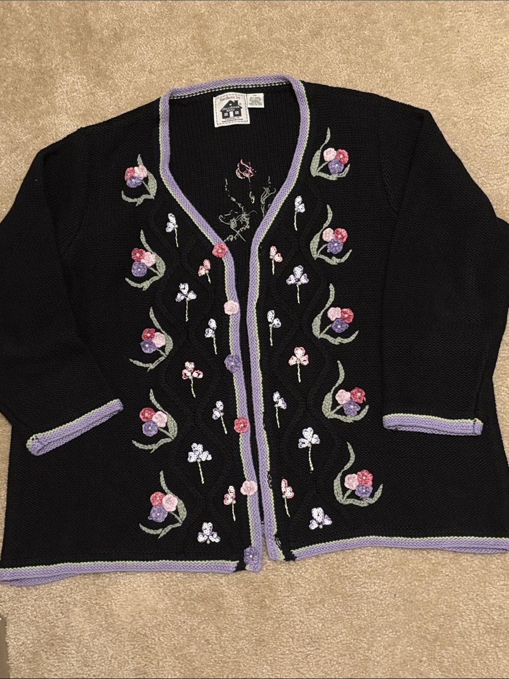 Black Floral Embroidered Cardigan Sweater with Lavender Trim